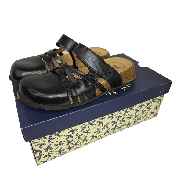 Think! Shoes - Think! Nappa Slide Sandals Black Leather Cutout Cork Comfort Sz 7 Womens Shoes